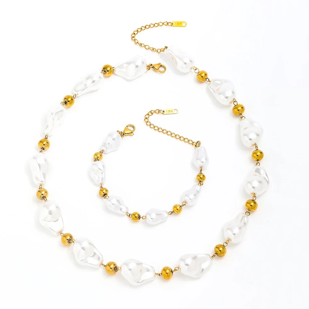 Joolim Jewelry 18K Gold Plated Imitation Pearl Shell Powder Chain Bead Satellite Necklace Stainless Steel Jewelry Bracelet Set
