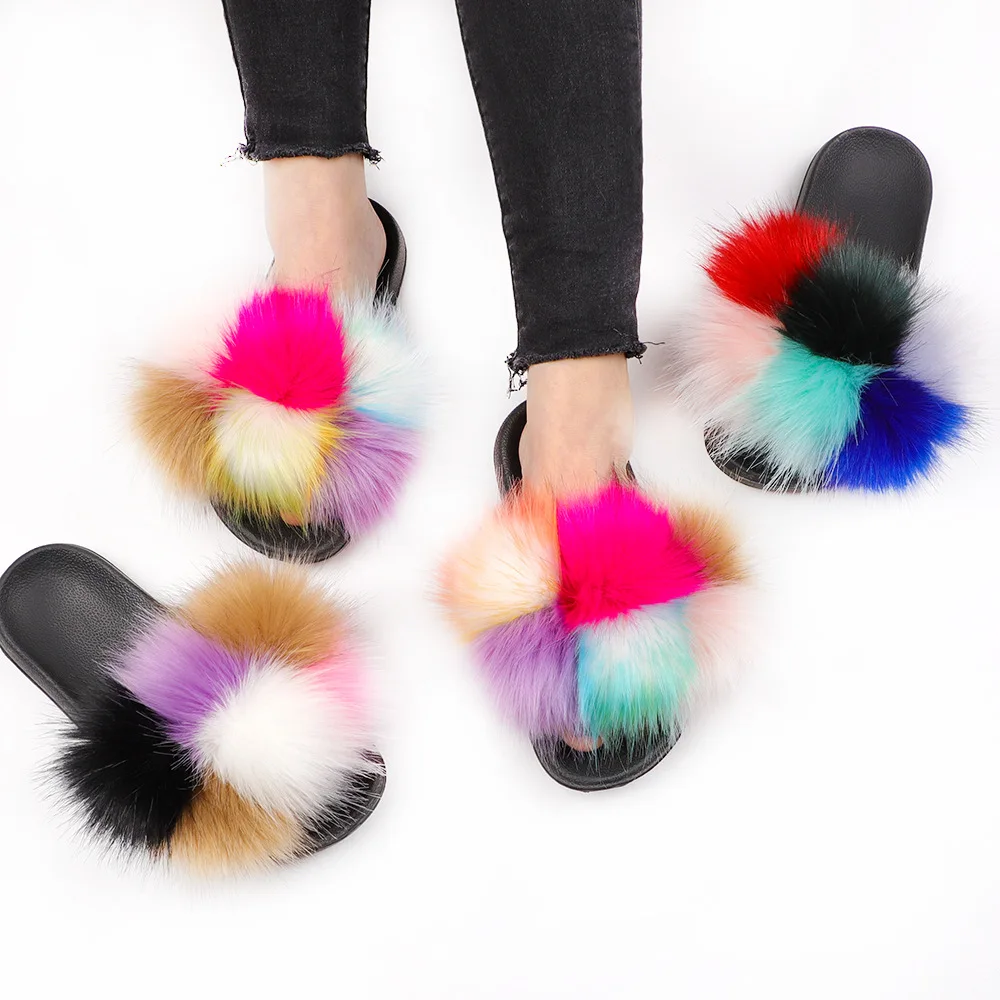 

Outer Wear Sandals Home Color Artificial Fur Ball Slippers Ladies Wholesale Women Fur Fluffy Slippers Flat