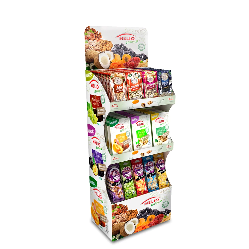 

Customized Snacks Display Stand Alone Paper Corrugated Cardboard Potato chips Floor Standing Display Racks