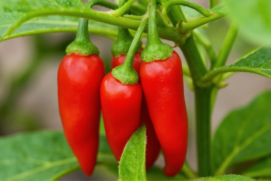 Close-up of vibrant red sriracha peppers growing on plant with green foliage