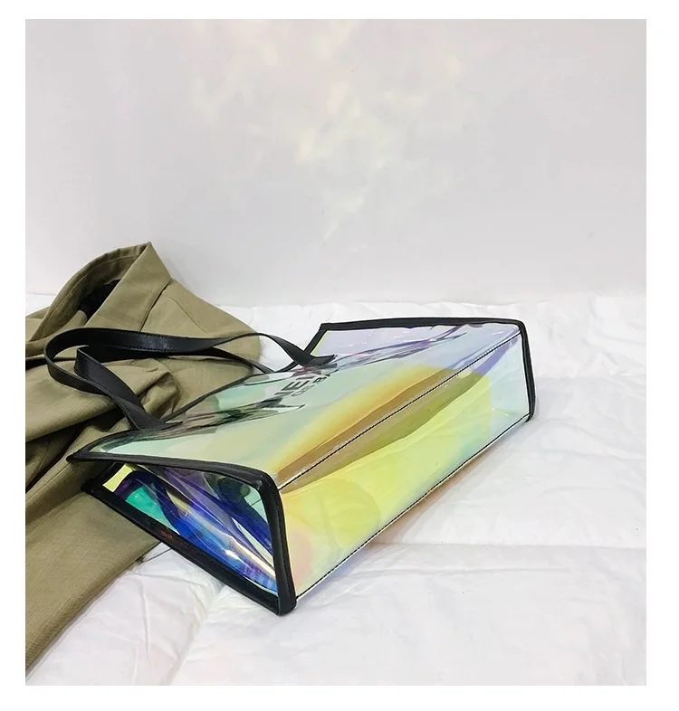 
Hot Selling Cheap holographic Transparent PVC shopping bag stylish college designer clear tote bags 