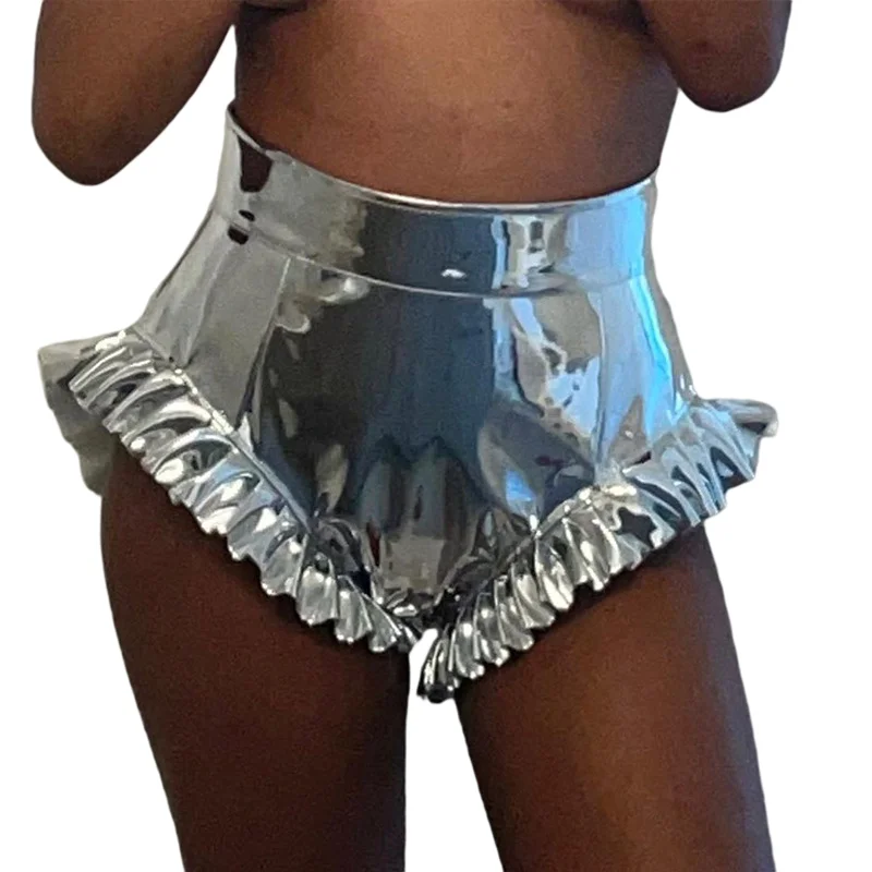 

Lady Fashion High Waist Booty Summer Shorts PU Faux Leather Silver Metallic Ruffle Shiny Shorts For Women, Photo color