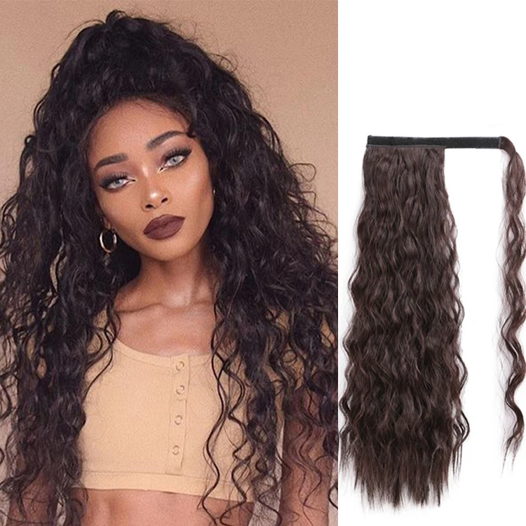 

Vigorous wholesale kinky hair thick wrap ponytails synthetic curly ponytail hair extensions clip wave black women ombre blonde