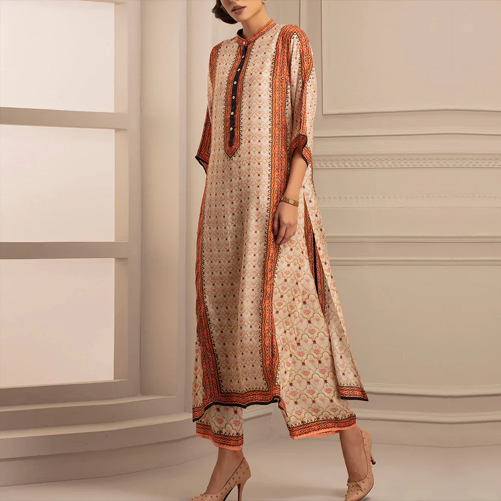 

Yellow Ethnic Patchwork Stand Collar Maxi Muslim Long Dress Women Islamic Clothing