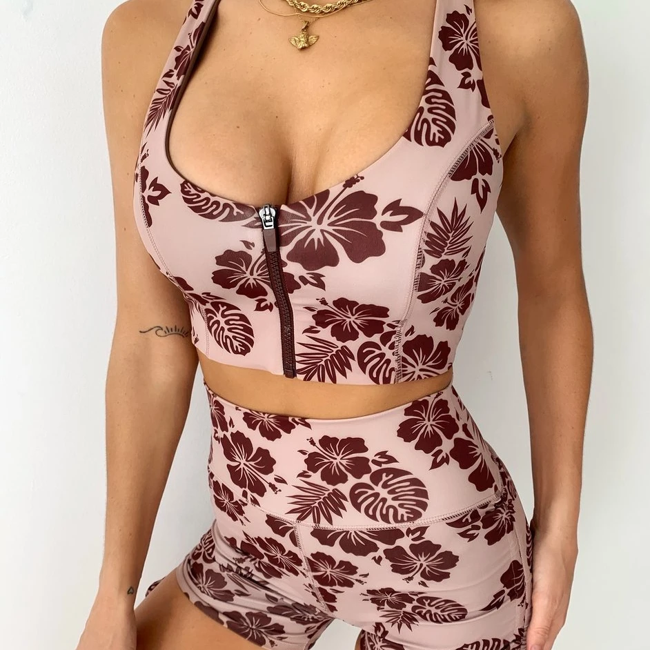 

2021 new arrivals printing zipper high impression zipper sport bra hot sale short pant 2 piece set shorts women workout gymwear