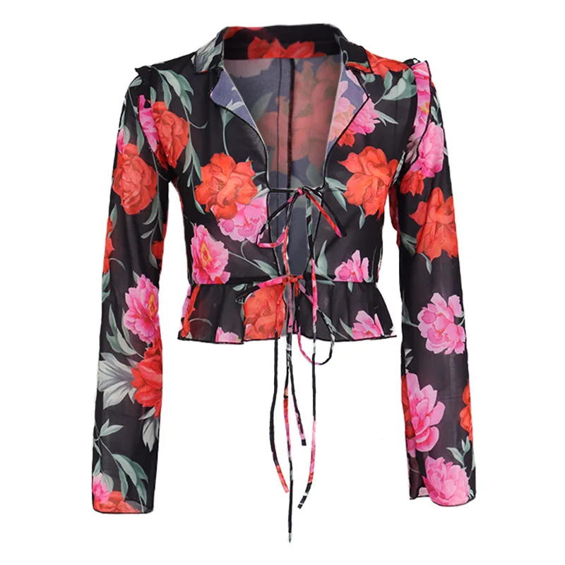 

European and American Women's Sexy Printed Lace Up Long Sleeve Short Chiffon Top