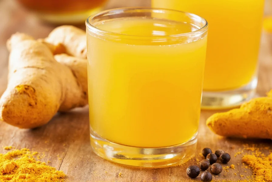 Close-up of golden turmeric shot in small glass with fresh turmeric root and black pepper nearby