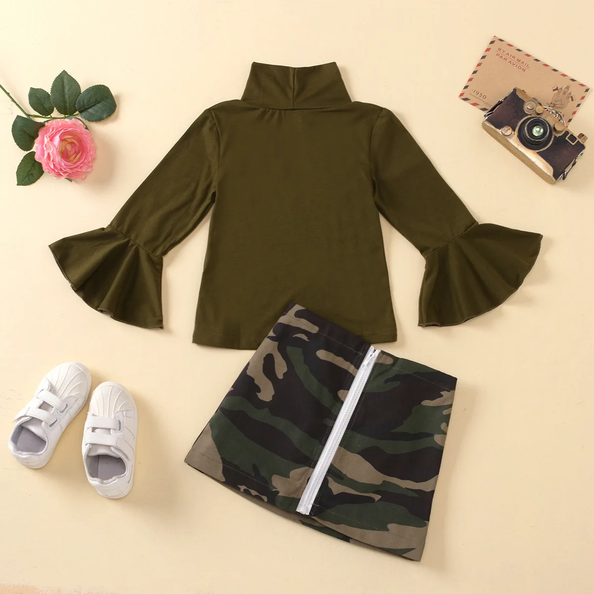 

Summer Kids Girl Sets Camouflage Print Cotton Zipper Short Skirt +High Collar Trumpet Sleeve Tops 2pcs/set