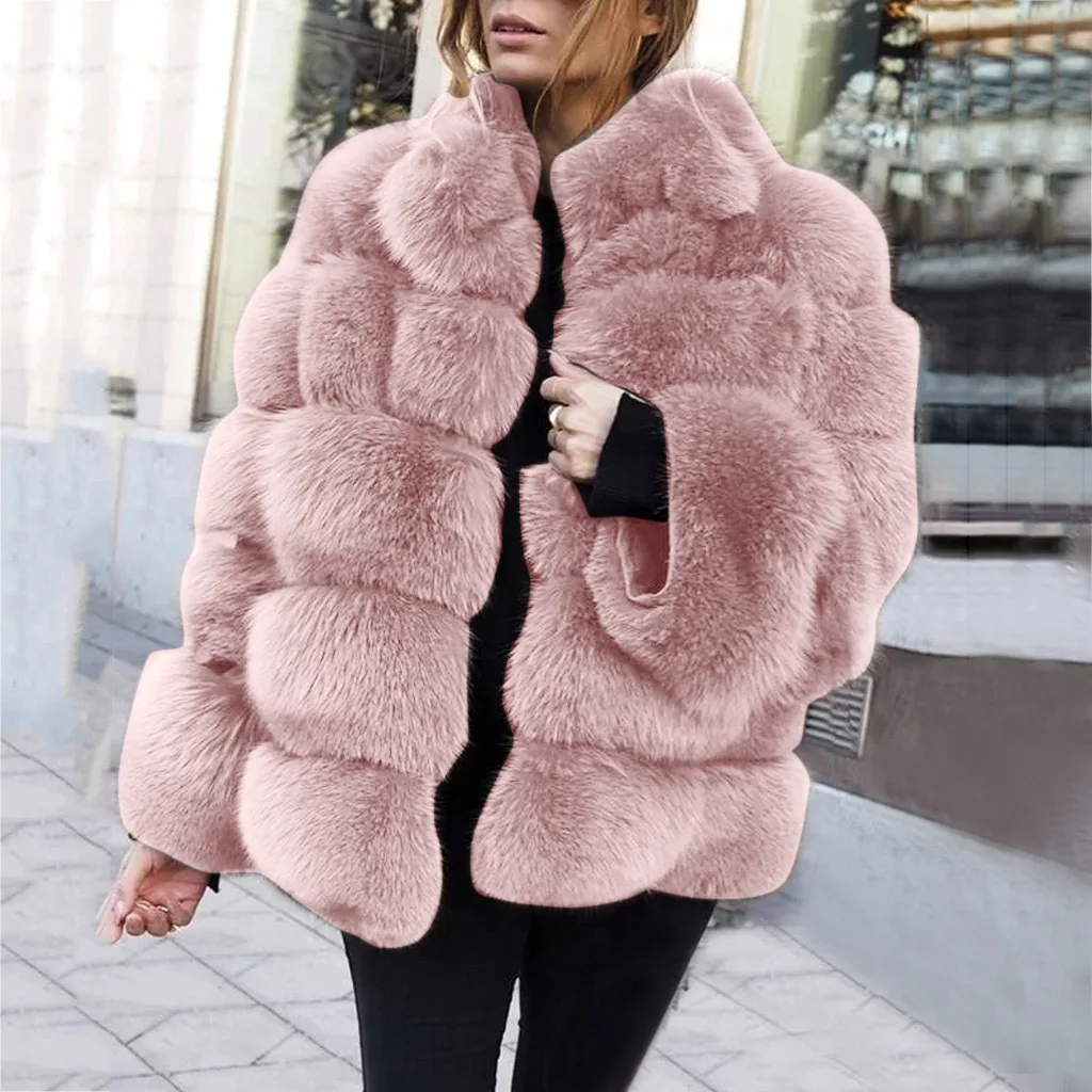 

Elva Fashion Winter Coat Women Luxury Faux Fox Fur Coat Plus Size Women Stand Fur Collar Long Sleeve Faux Fur Jacket fourrure, White, pink, purple, gray, black