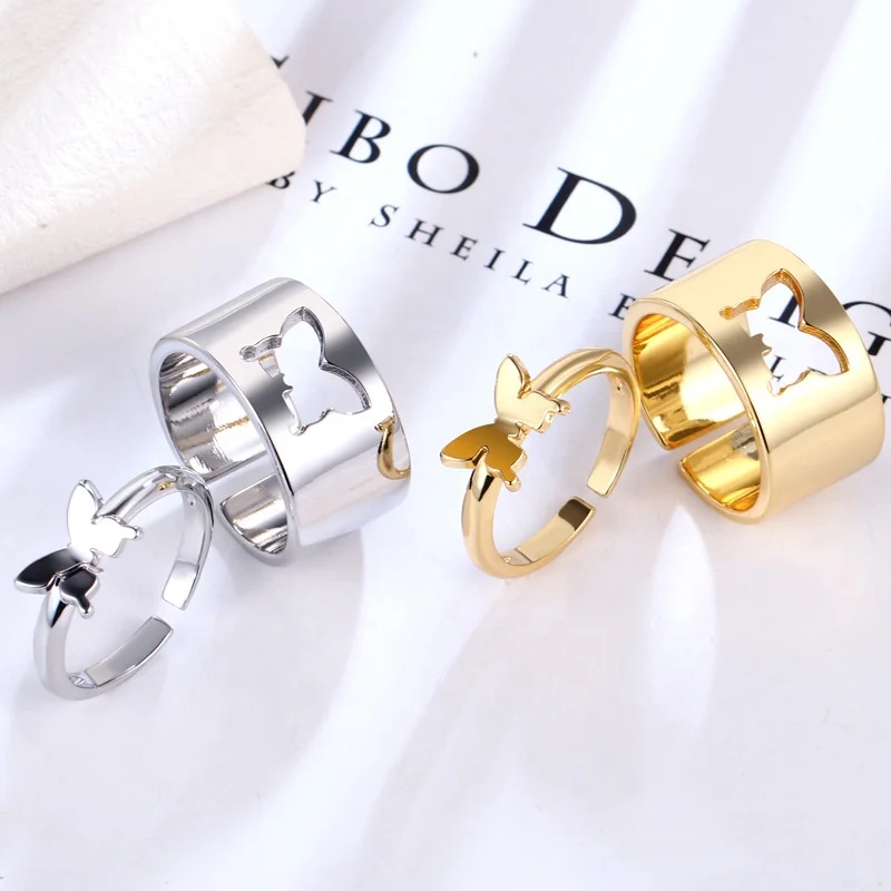 

2-Piece Set Gold Plating Opening Adjustable Size Butterfly Couple Rings