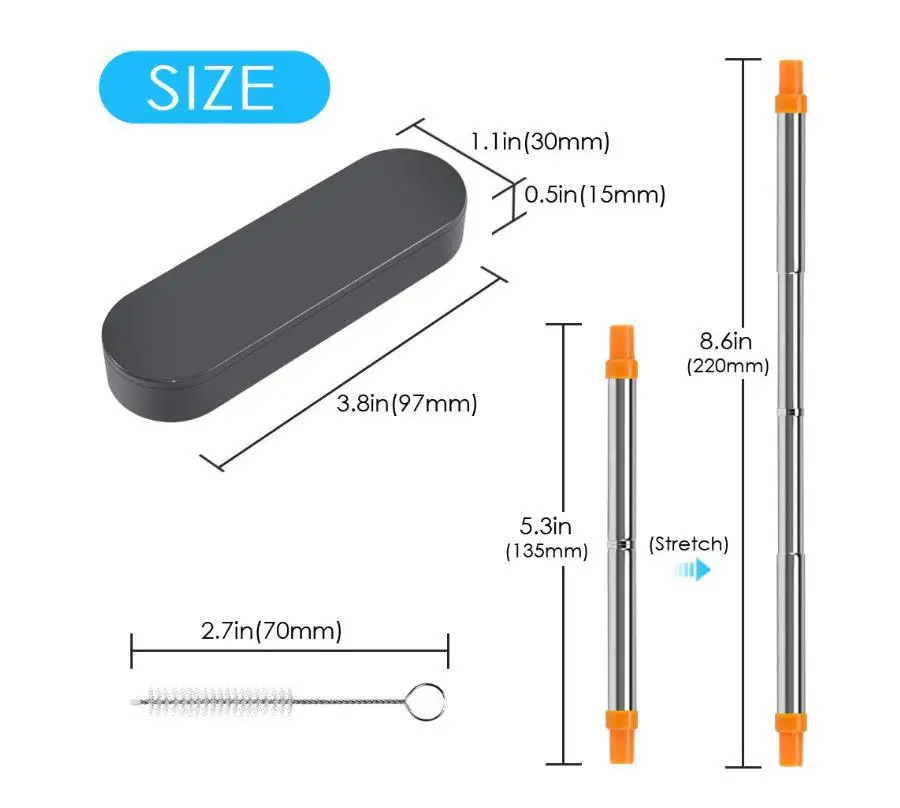 
Collapsible Metal Reusable Portable Stainless Steel Straws with Box 