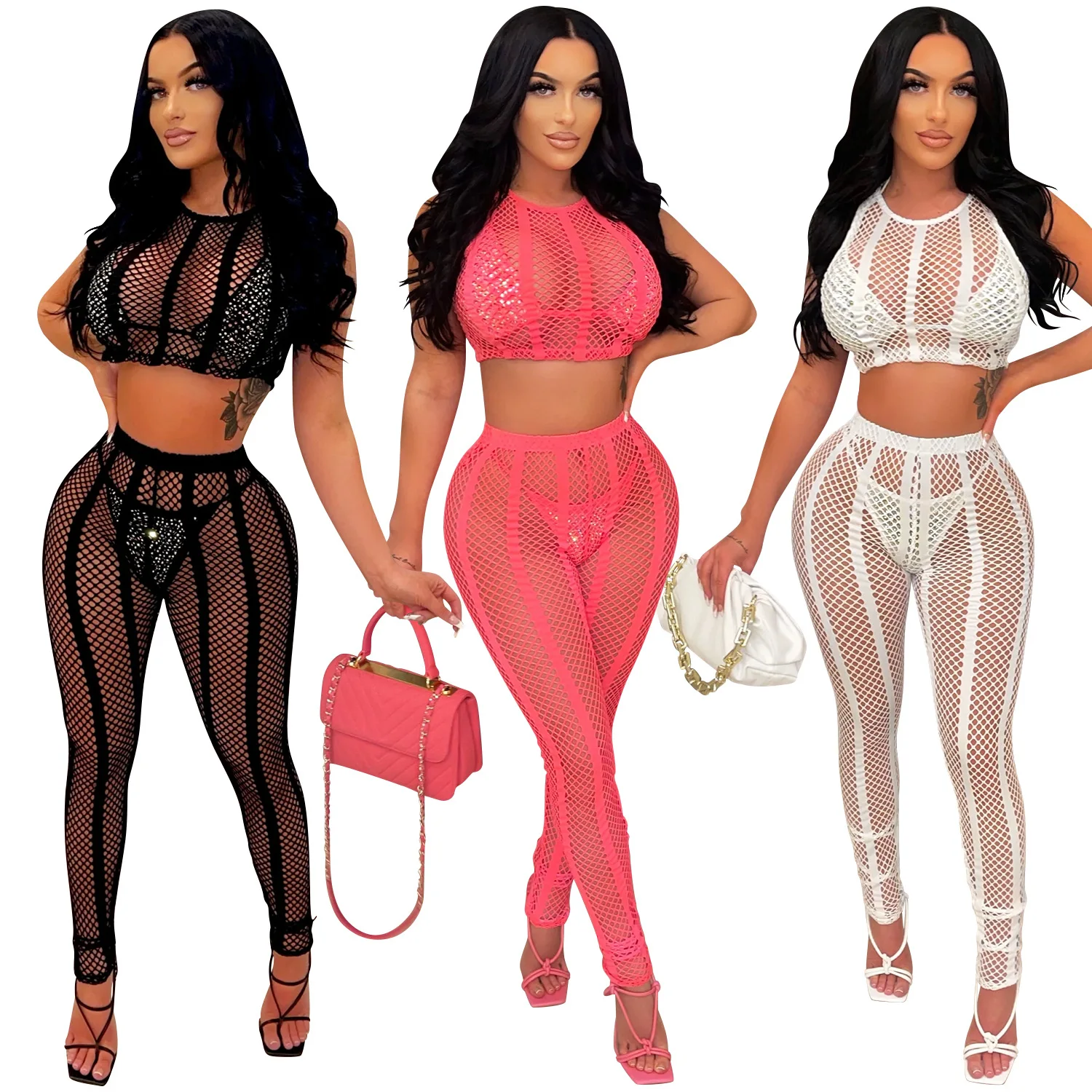 

X5716 Hot Sell Club Women Outfits Y2k Fashion Clothing 2022 Sexy Big Mesh Rhinestone Bikini Summer 4 Pieces Set Women