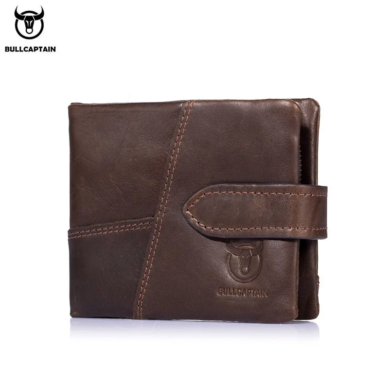 

BULLCAPTAIN Leather Wallet Men's RFID Card Holder Coin Purse Zipper Men's Short Wallet Fashion Men's Wallet Brown