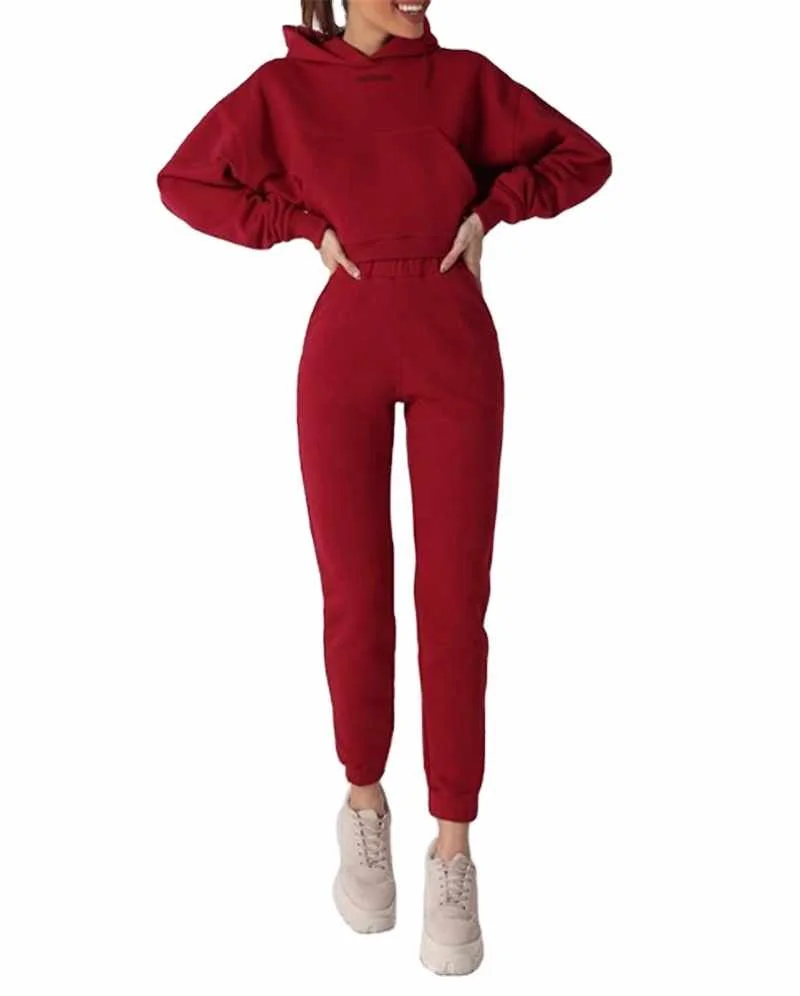 

2020 Winter Women Long Sleeve Knitted Sweater Hooded Top Pocket Two Piece Pants Winter Set