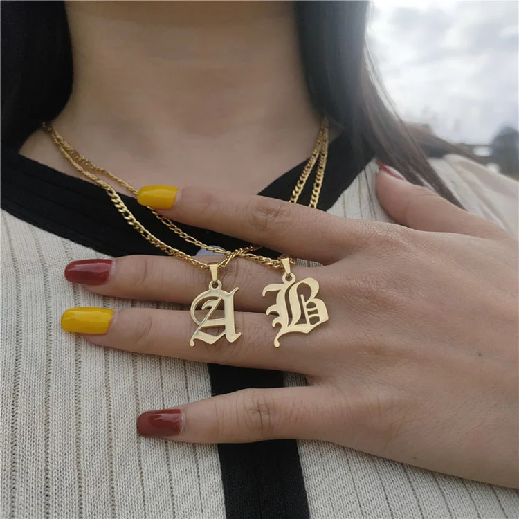 

Vintage Stainless Steel Alphabet Pendant Necklaces Hiphop Women Men Gold Chain Necklace Initial Letter Necklace