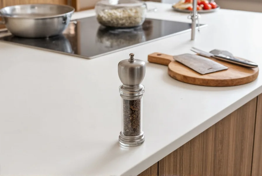 Kitchen counter setup showing pepper rest positioned next to cutting board and cooking station with proper workflow arrangement
