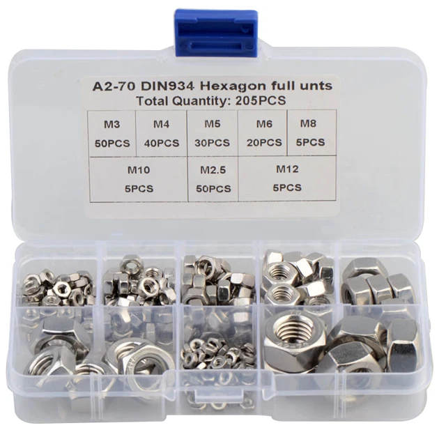205PCS M2.5 M3 M4 M5 M8 M10 M12 Cross-boundary Trade 304 Stainless Steel 934 Hexagon Nut Combination Set