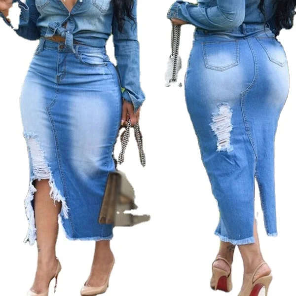 

Hot Sale Ladies High Waist Washed Denim Split Hip Skirt