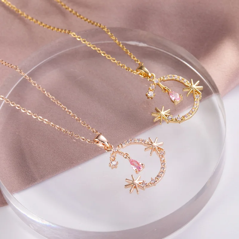 

Trendy Chain Stainless Steel Necklace Crystal Gold Plated Eight-Pointed Star Necklaces Drop Moon Glow Choker Luxury Jewerly