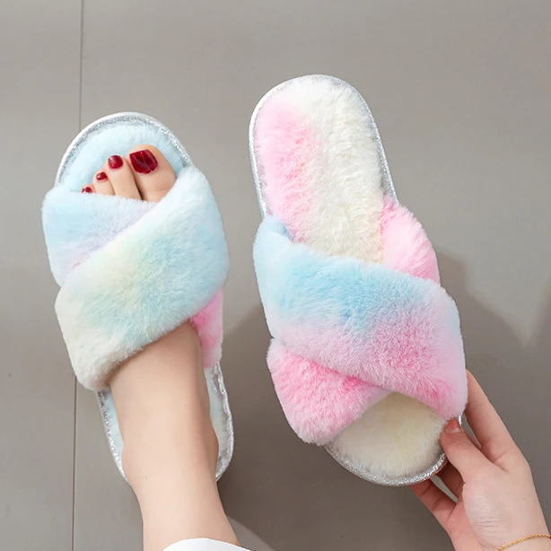 

Dropshipping fur house shoes slippers cute plush slippers for women's soft slides slippers, Black, grey, pink