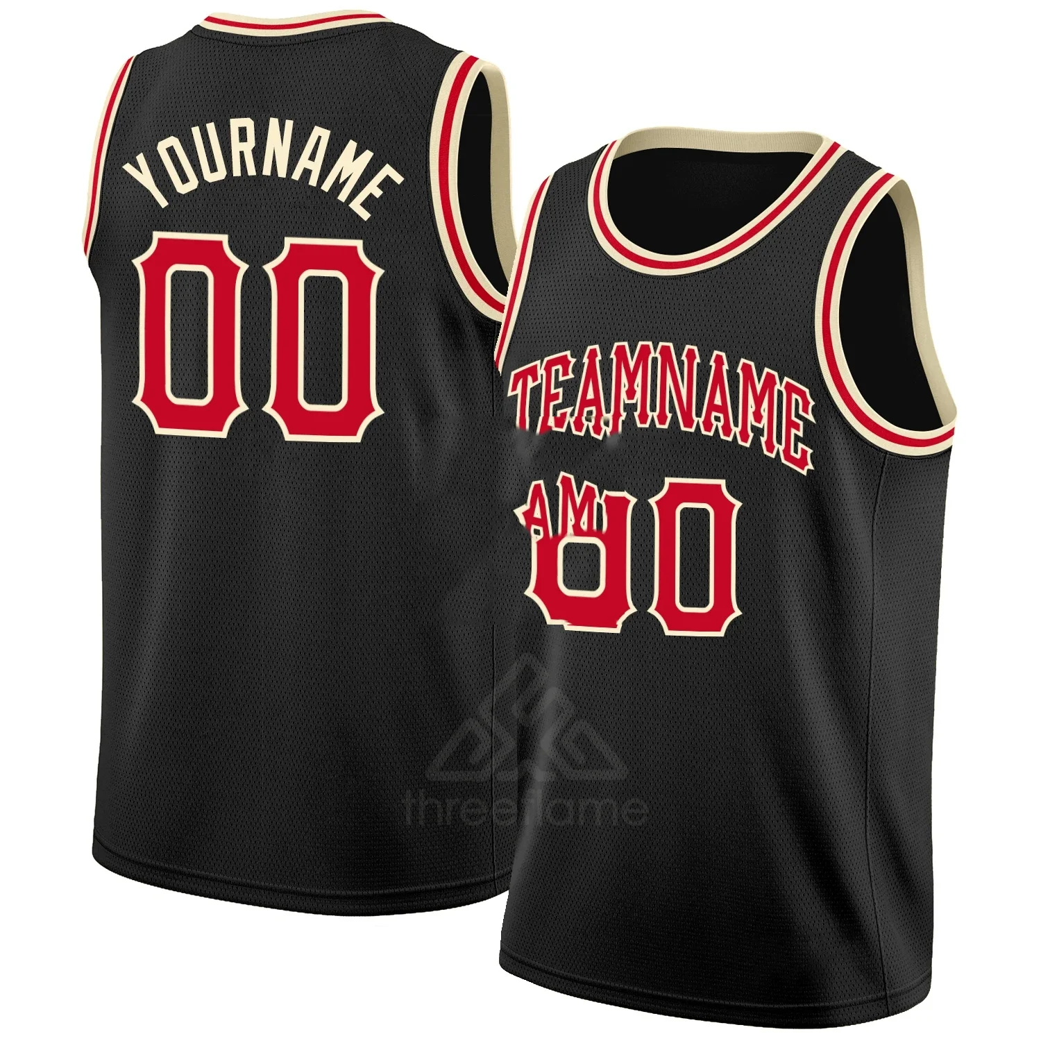 

Custom Black Red-Cream Round Neck Rib-Knit STITCHED Embroidery Basketball Jersey Men Kids Women