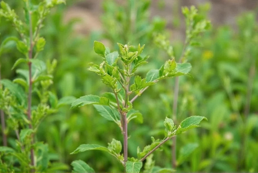Close-up identification features of bush clover plant showing trifoliate leaves and purple flowers