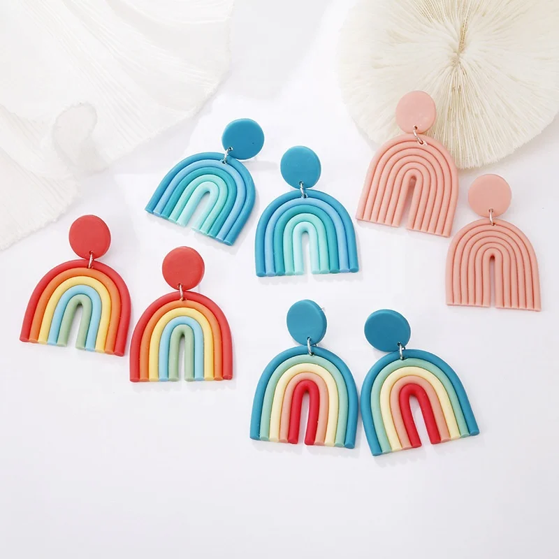

Custom U Shaped 3D Rainbow Charm Poly Ivory Polymer Clay Earings Lot Handmade Dangle Jewelry Kit Soft Cute Girl Clay Earrings