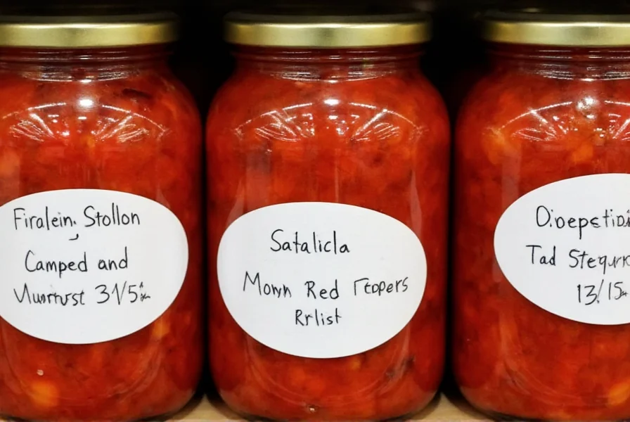 Properly canned red pepper relish jars with labels showing preparation date and storage instructions arranged on a kitchen shelf