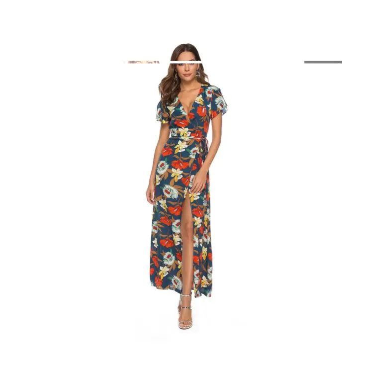 

Quality assurance summer trendy bohemian v-neck long floral printed split dress