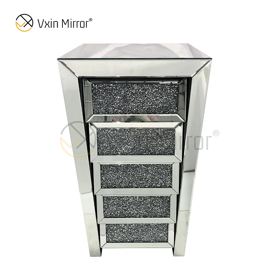 
Vxin Mirror Silver Crushed Diamond Nightstand Bevel Bedside Table With 5 Drawer 