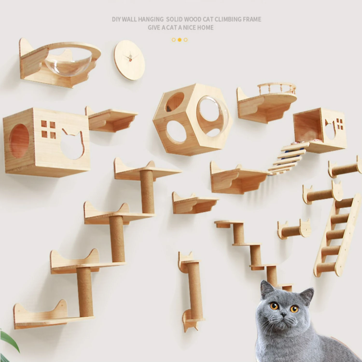 

New solid wood wall-mounted aerial corridor cat climbing post springboard