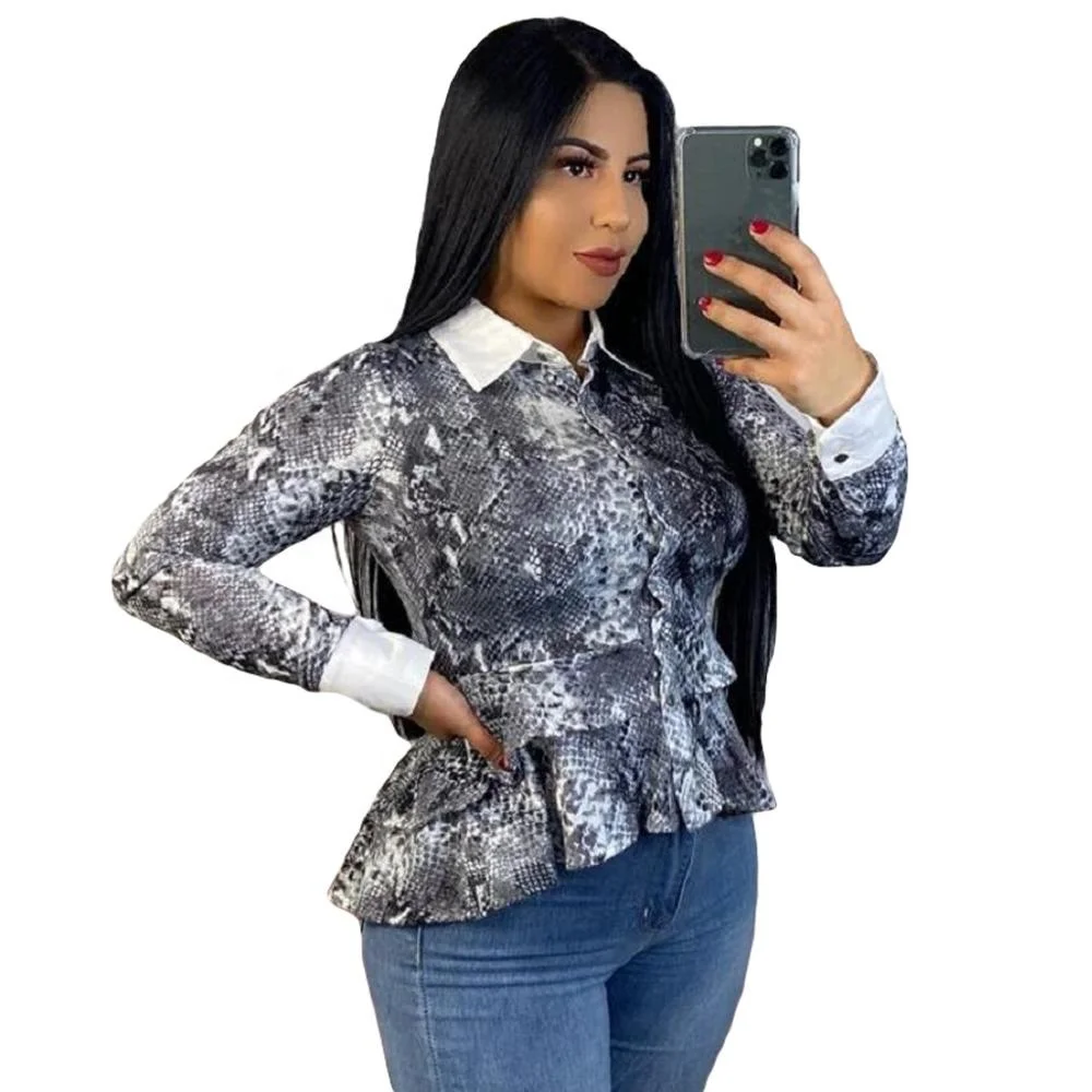 

B62130A European and American fashion snake printed ruffled blouse for ladies