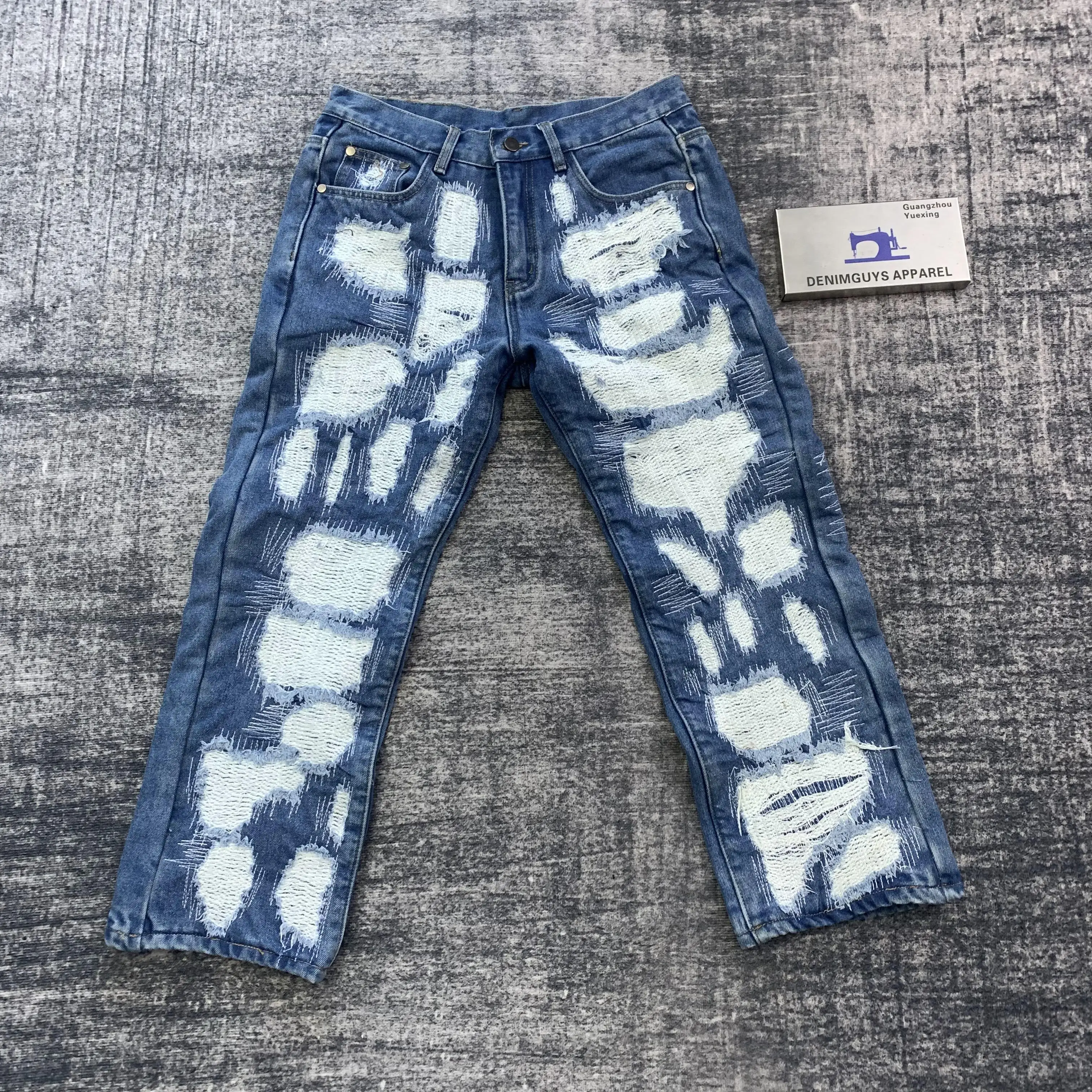 DENIMGUYS Custom Men's Hip Hop Embroidery Stitching Baggy Jeans Mens Streetwear Distressing Denim Pants