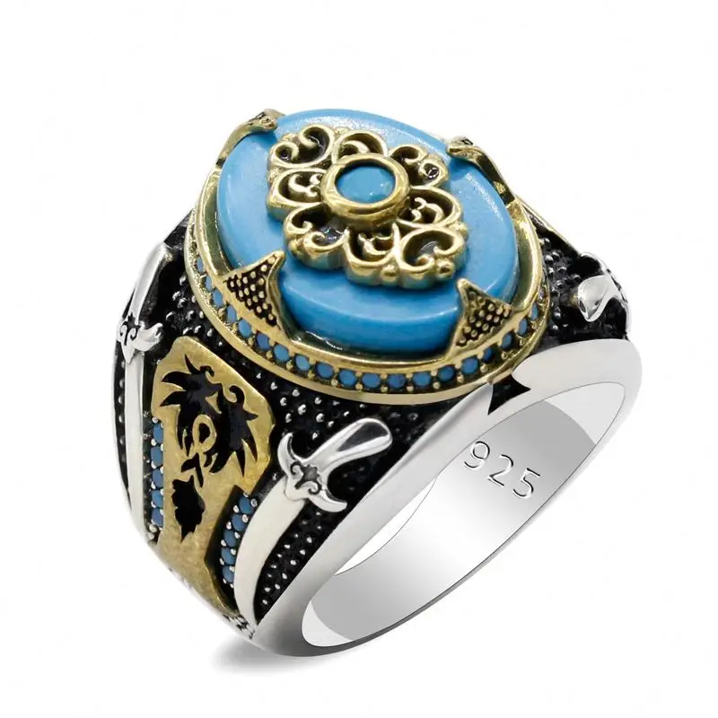 

2022 Drop shopping Turkish Jewelry Black Ring for Men 10g Turquoise gem male ring 925 sterling silver male ring