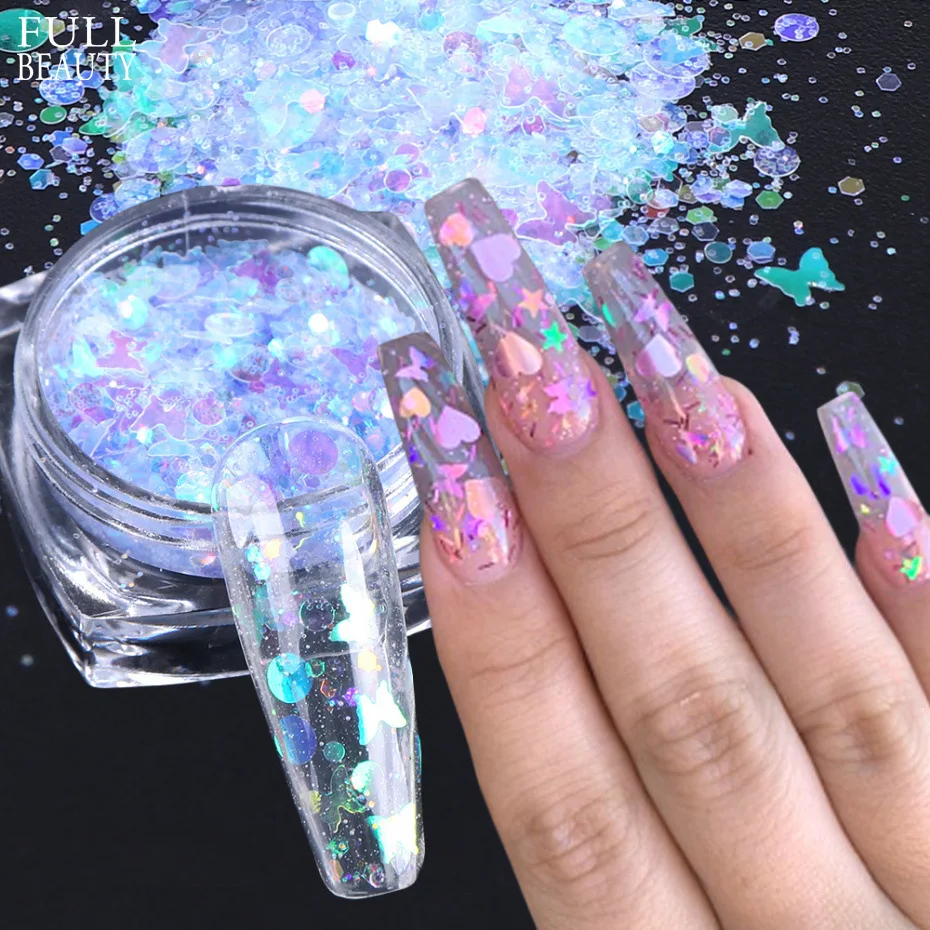 

1pc Colorful Holographic Butterfly Nail Sequins Semi-transparent Maple Leaf Round Flakes Nail Glitter Decoration Accessories, Mixed colors