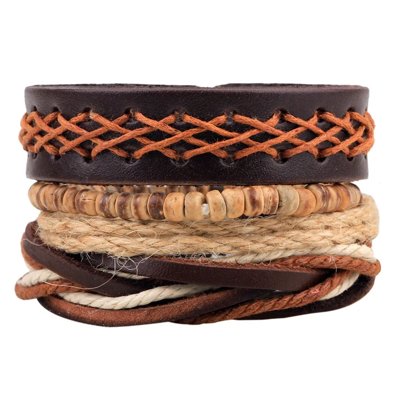 

Hot Sale Custom Wrap Snap Buttons Orange Leather Wood Bead Multi Layer Braided Woven Bracelet Bangle For Men