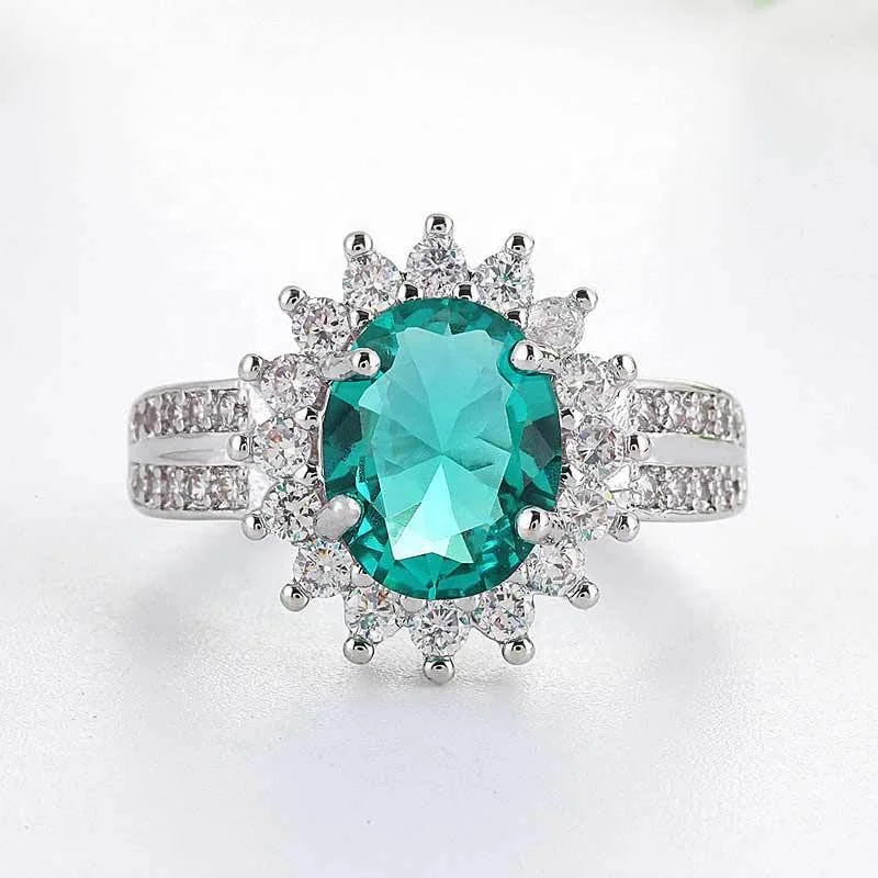 

Luxury Romantic Plant Series Wedding Bright Green Stone Flower Rings Crystal Flower Shaped Engagement Ring