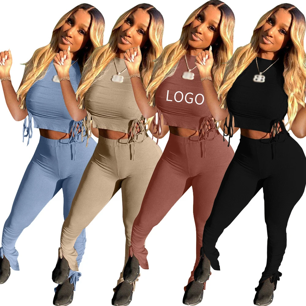 

women fashion trendy crop top and pants solid two piece set
