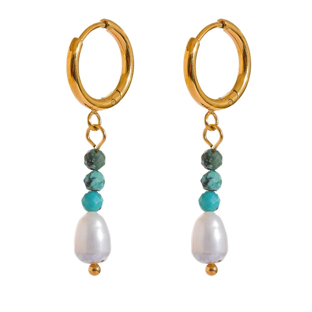 

JINYOU 1046 Exquisite Stainless Steel Natural Stone Freshwater Pearl Bead Drop Hoop Earrings Daily Handmade Jewelry Bijoux