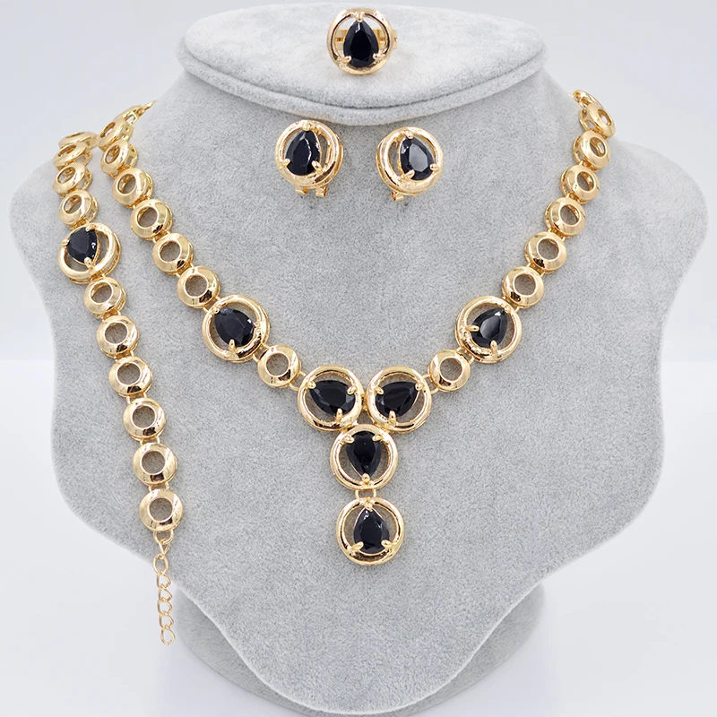 

Dubai Jewelry Sets For Women Necklace Earrings Ring Bracelet Colored cubic zircon Geometric Engagement Gift 4 piece jewelry set