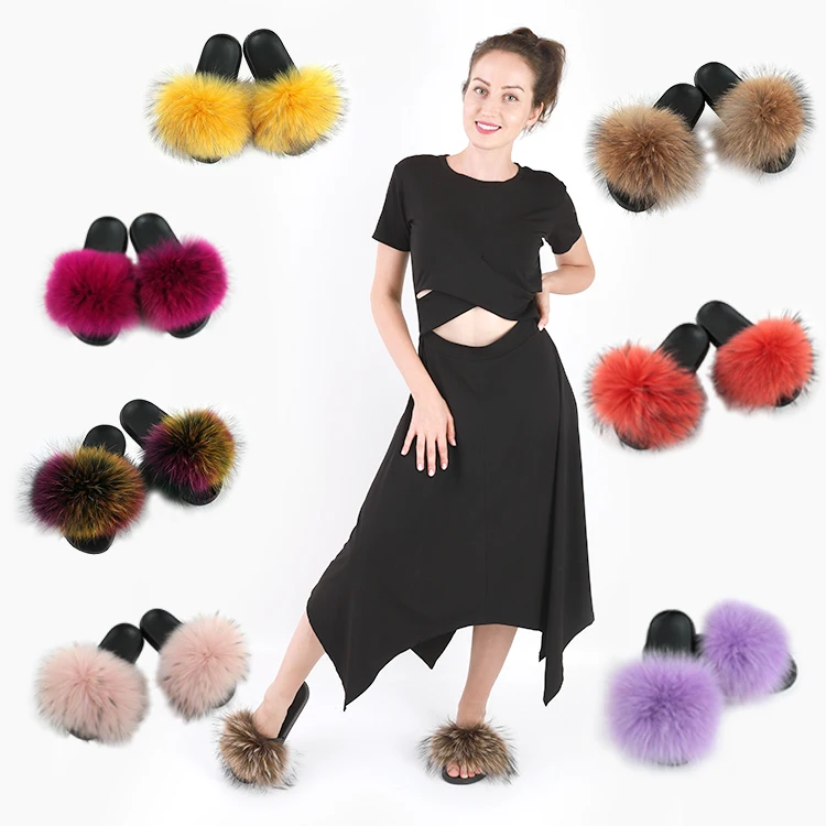 

Europe and the United States new wholesale flat bottom drag fur household shoes fox fur slippers, Customized color