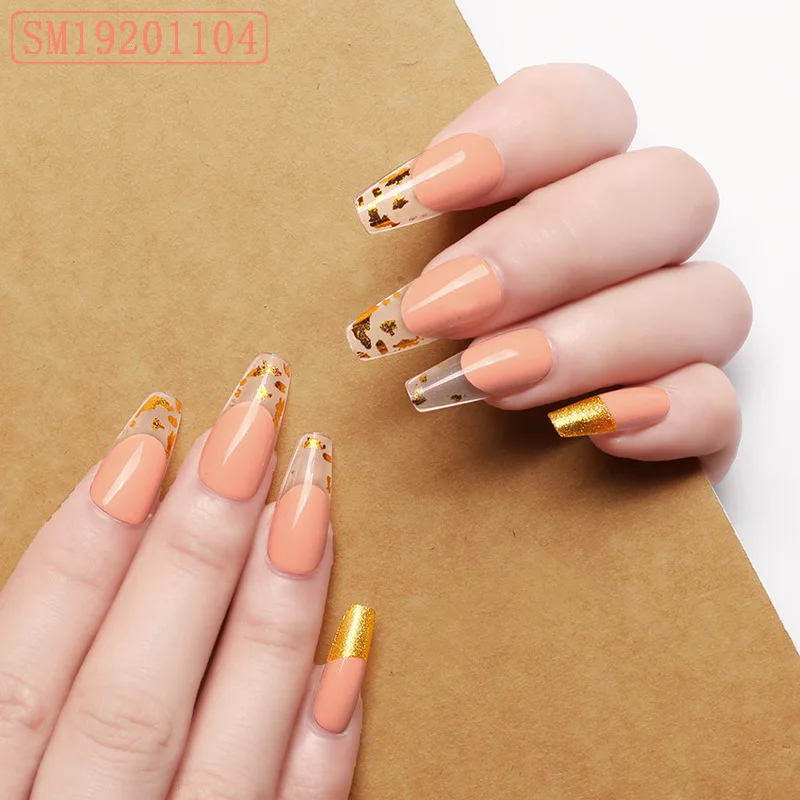 

French gold finger false nails reusable press on nails long coffin nails press on