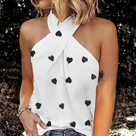 

2021 summer new casual slim back zipper neck print sleeveless stitched blouse