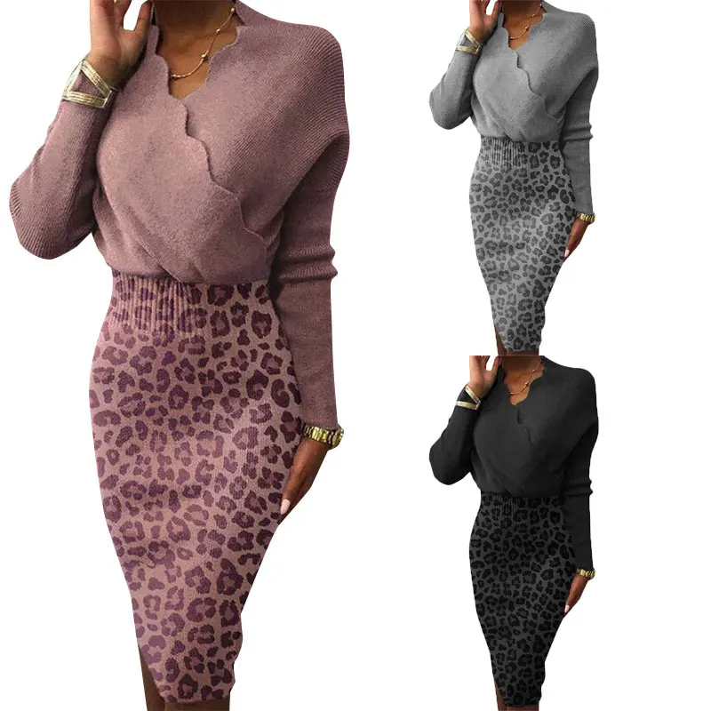 

21201-SW22 Summer wavy neckline leopard pencil office dresses women lady elegant sehe fashion, 3 colors