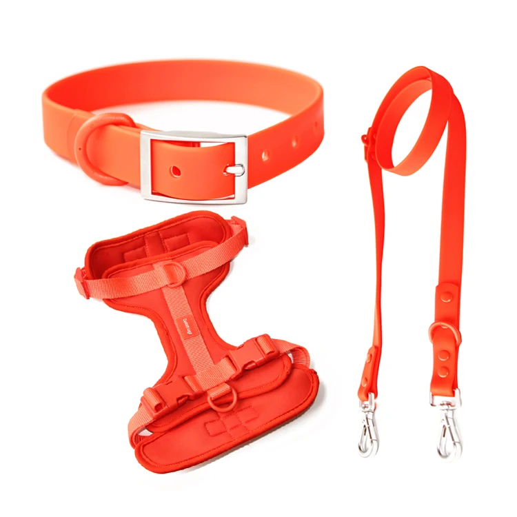 

New Lightweight Custom Logo Pet Dog Safety Harness Adjustable Soft Padded Air Layer Dog Harness With Rubber Dog Collar Leash