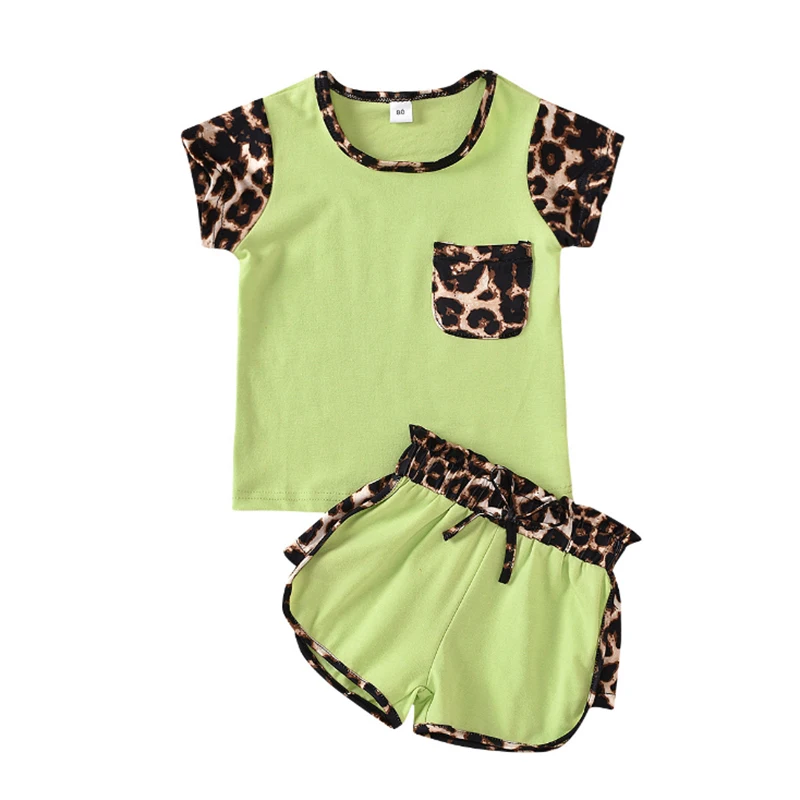 

RTS Summer Baby Girls Leopard Outfits Wholesale Monogram Cotton Solid Girls Clothing Set With Pocket, As pcs show