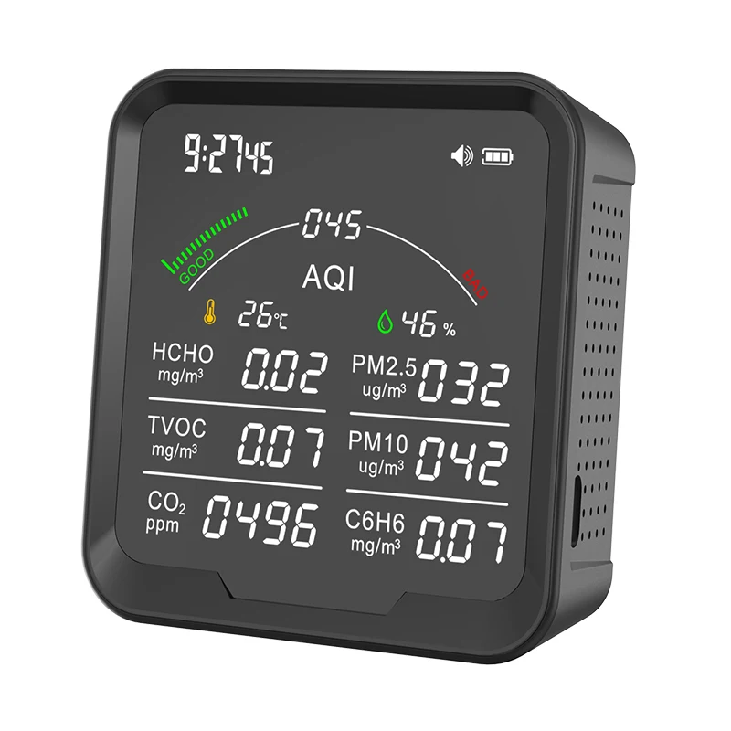 

Wholesale 8 in1 Multifunction C6H6 Co2 TVOC Pm2.5 HCHO Indoor air quality Analysis Monitor with audible alarm PTH-9B