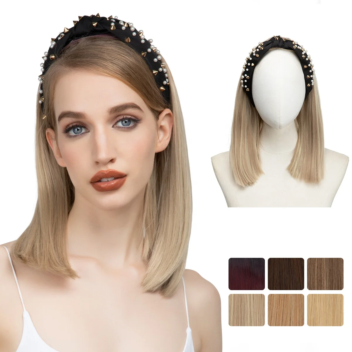 

Wholesale Synthetic Straight Natural Short Hair Wig Extension Headband Half Up Half Down Wig With Headband Attached For Women