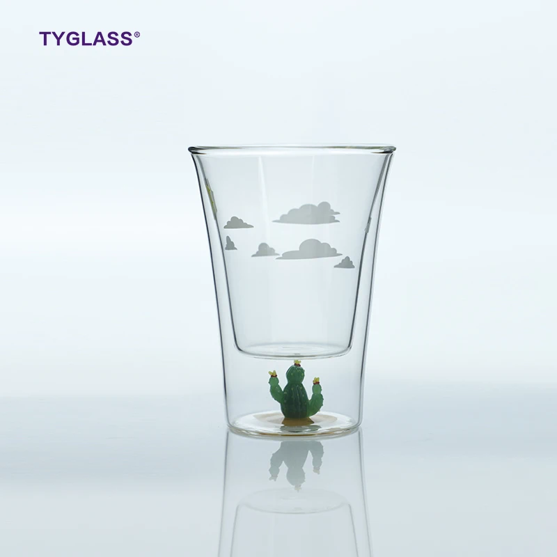 

Good Quality clear cup glass heat resistance double wall hand blown glass cup