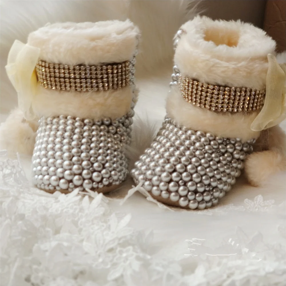 

Fashion Cute Bowknot Pom Pom Ankle Boots Pearl Warm Winter Prewalker Bling Baby Girls Snow Boots, Silver/custom